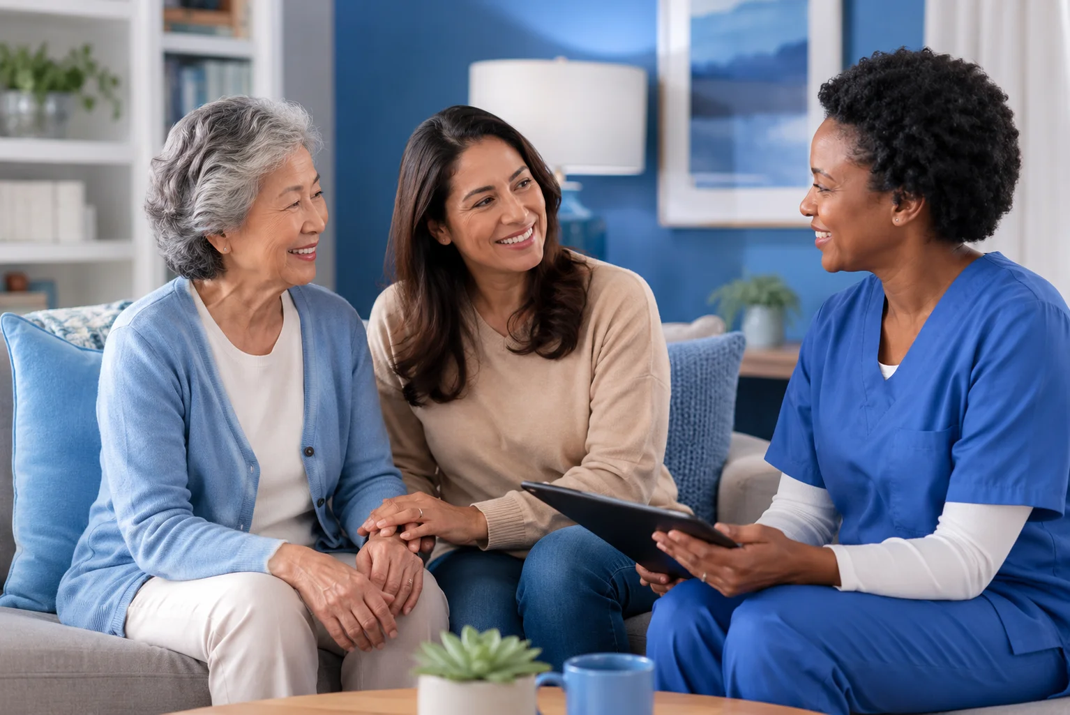 An African American caregiver in blue scrubs talks with an Asian senior parent and a Hispanic adult child in a clean blue-toned living room during a supportive home care discussion.