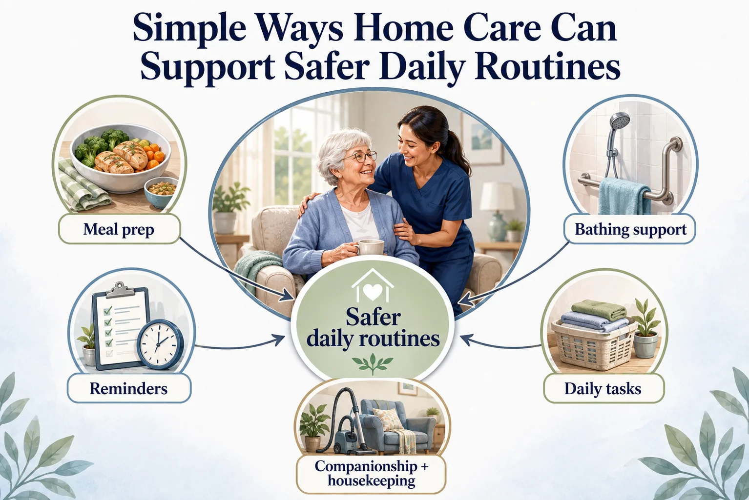 African American home care provider in a light blue uniform assisting a smiling senior woman with cereal while she sits comfortably in bed at home.